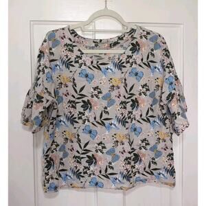 Viola Borghi Linen Butterfly Floral Ruffle Bell Sleeve Blouse Women's L(1203)